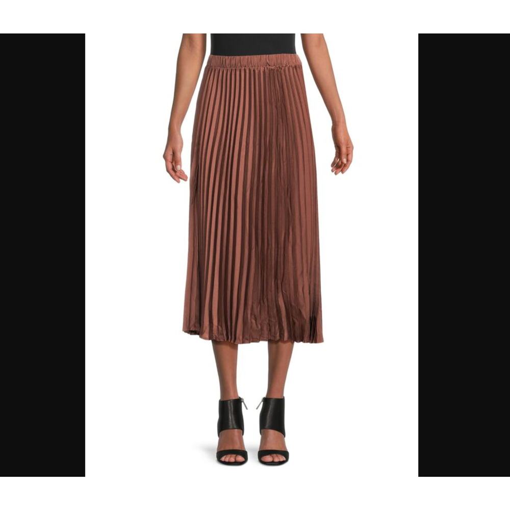 Adrianna Papell Satin Accordion Pleat Midi Skirt – Pine Cone – XL 🤎